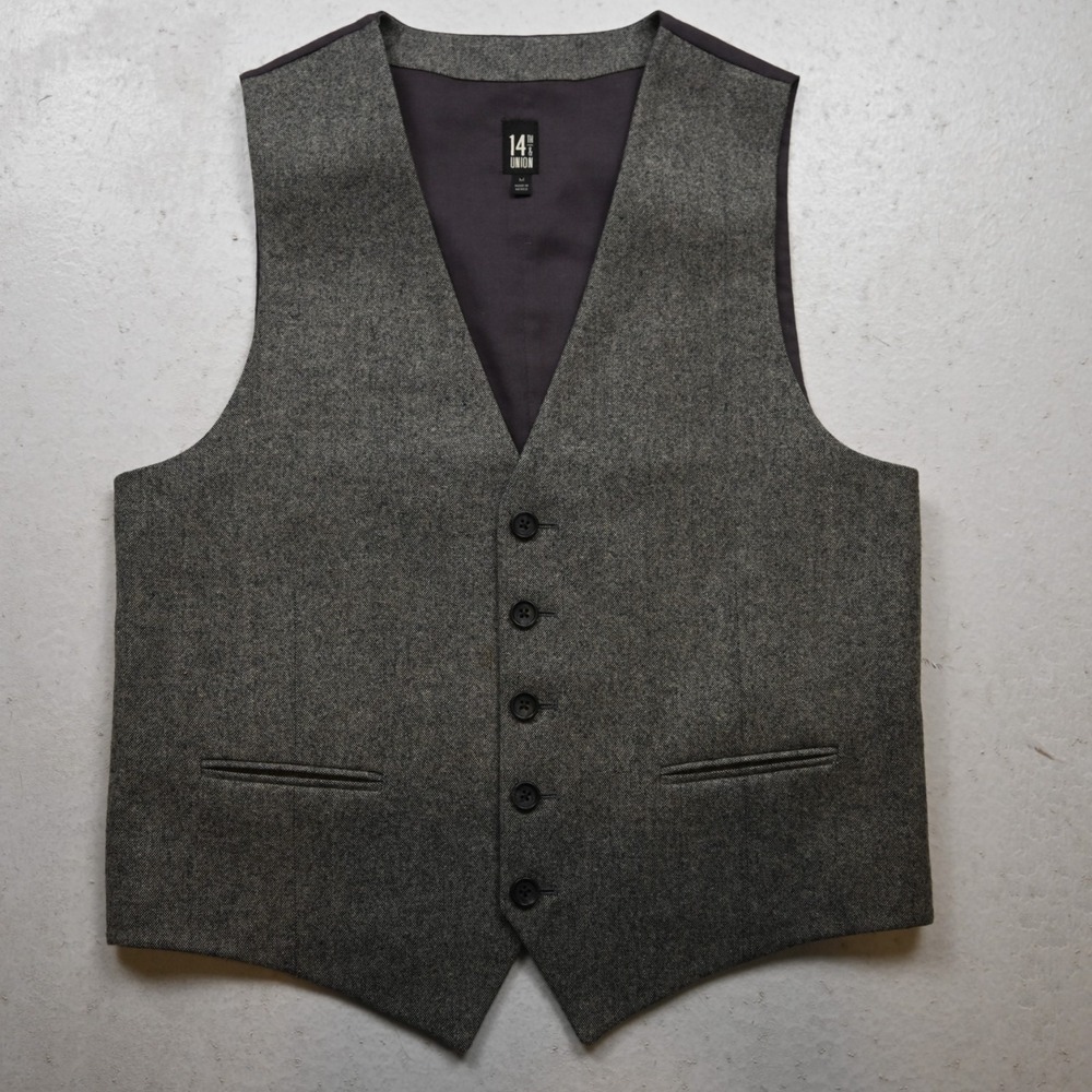 14th Union Medium M Gray Birdseye Tweed Wool Button Front Waistcoat Vest Wedding